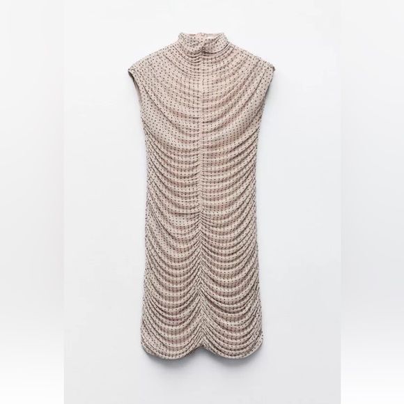 ZARA SHORT MESH DRESS WITH RHINESTONES BEIGE-PINK NEW - Picture 1 of 9